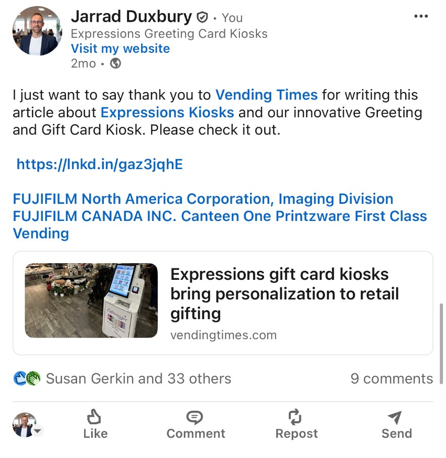 Vending Times feature article on Expressions gift card kiosks