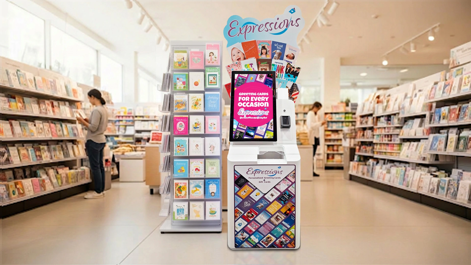 Expressions greeting card kiosk in a retail store aisle